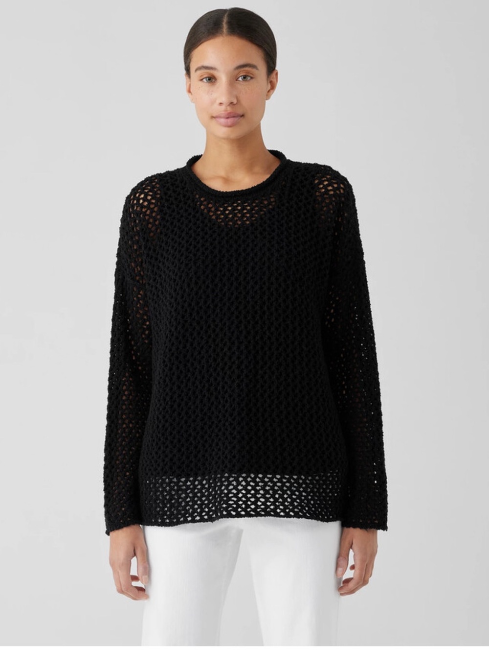 Eileen Fisher Black Open Weave Crewneck Sweater